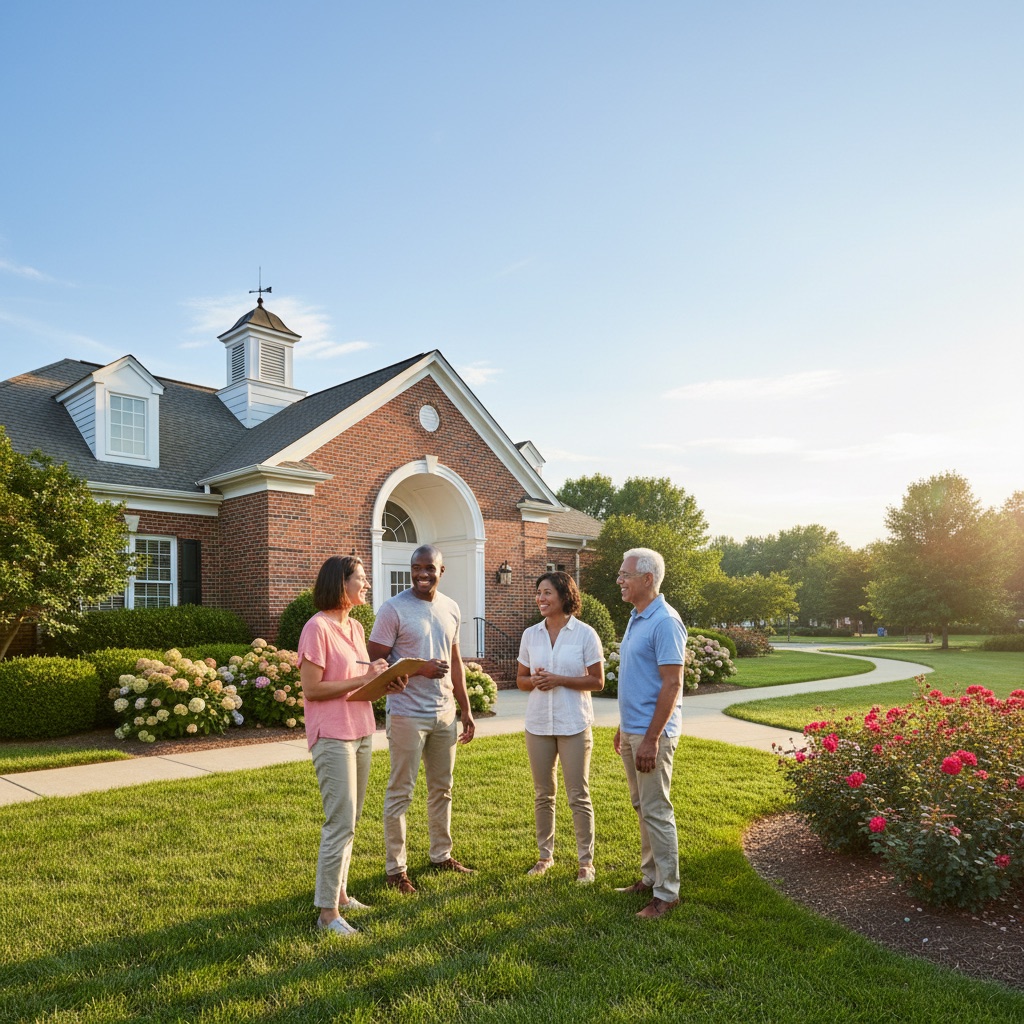 Four diverse neighbors discussing community plans in front of suburban clubhouse